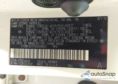 2013 Toyota Highlander Se V6 from USA, damaged, VIN 5TDBK3EH7DS246825